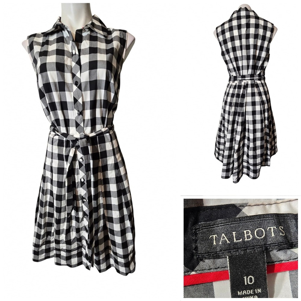Talbots Black White Buffalo Check Sleeveless Cotton Belted Shirt Dress Size 10